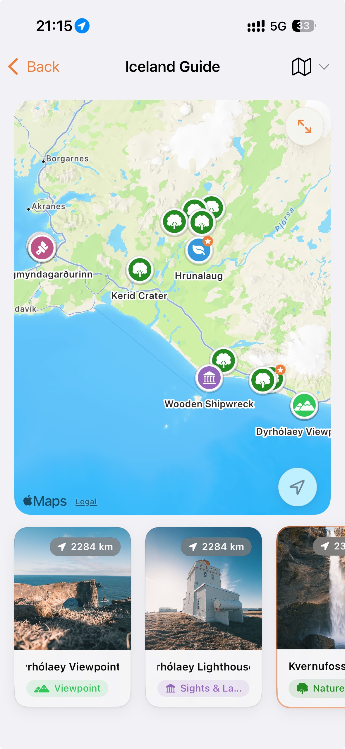 Roame app showing Dyrhólaey Lighthouse in Iceland